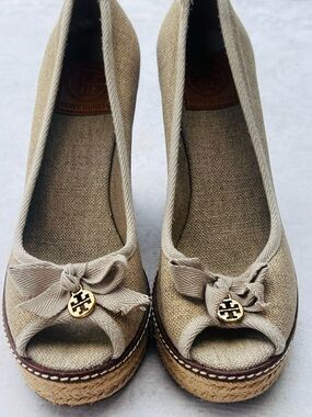 Tory Burch Beige Canvas Peep-Toe Espadrille Wedges with Gold Logo